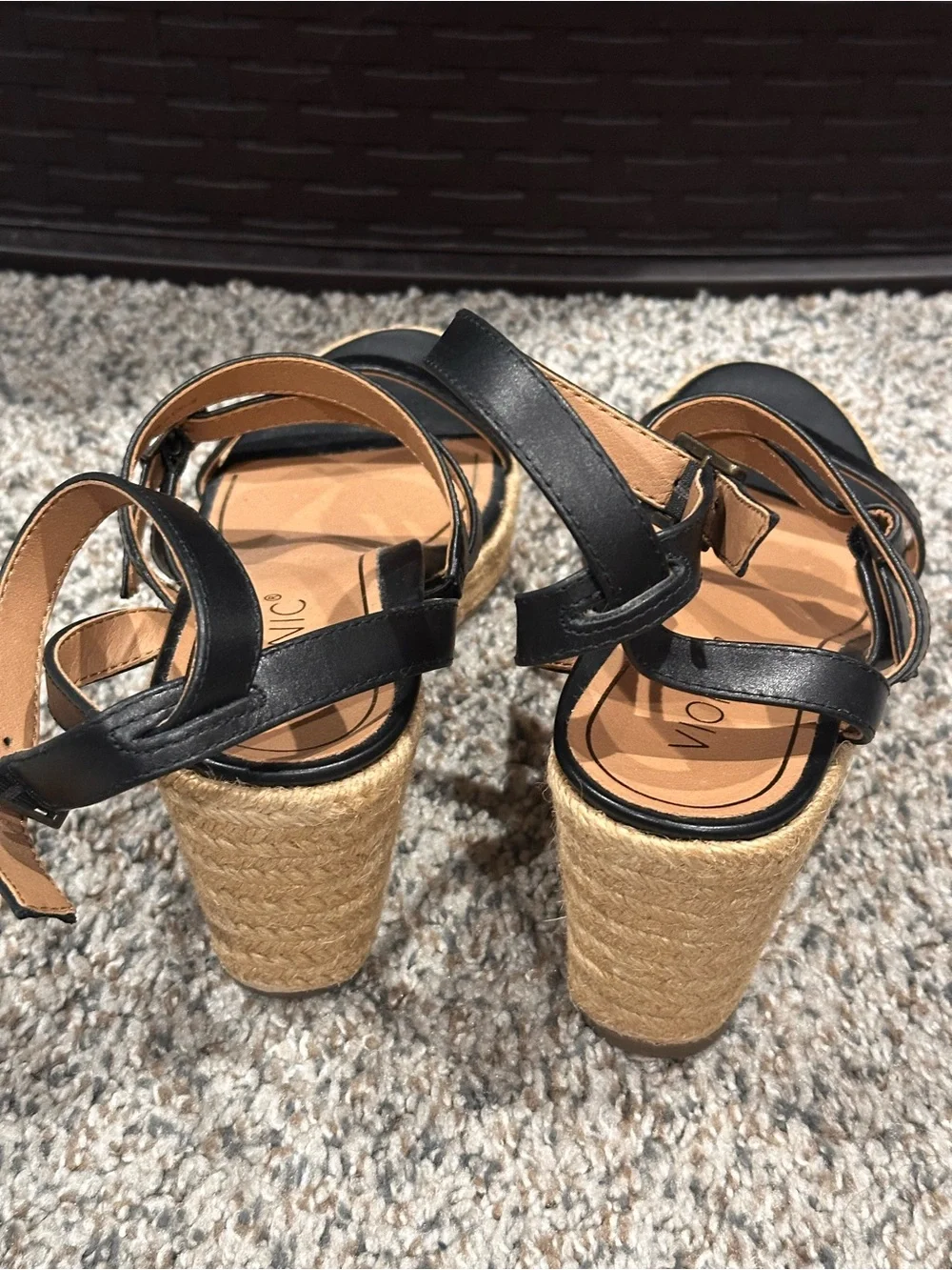 Vionic Black Leather Strappy Espadrille Wedge Sandals